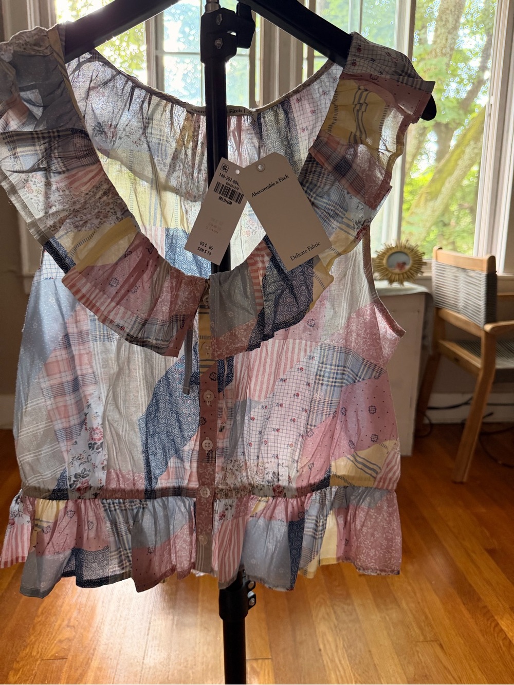 Abercrombie & Fitch Pastel Patchwork Ruffle Sheer Blouse - Pink, Blue, Yellow
